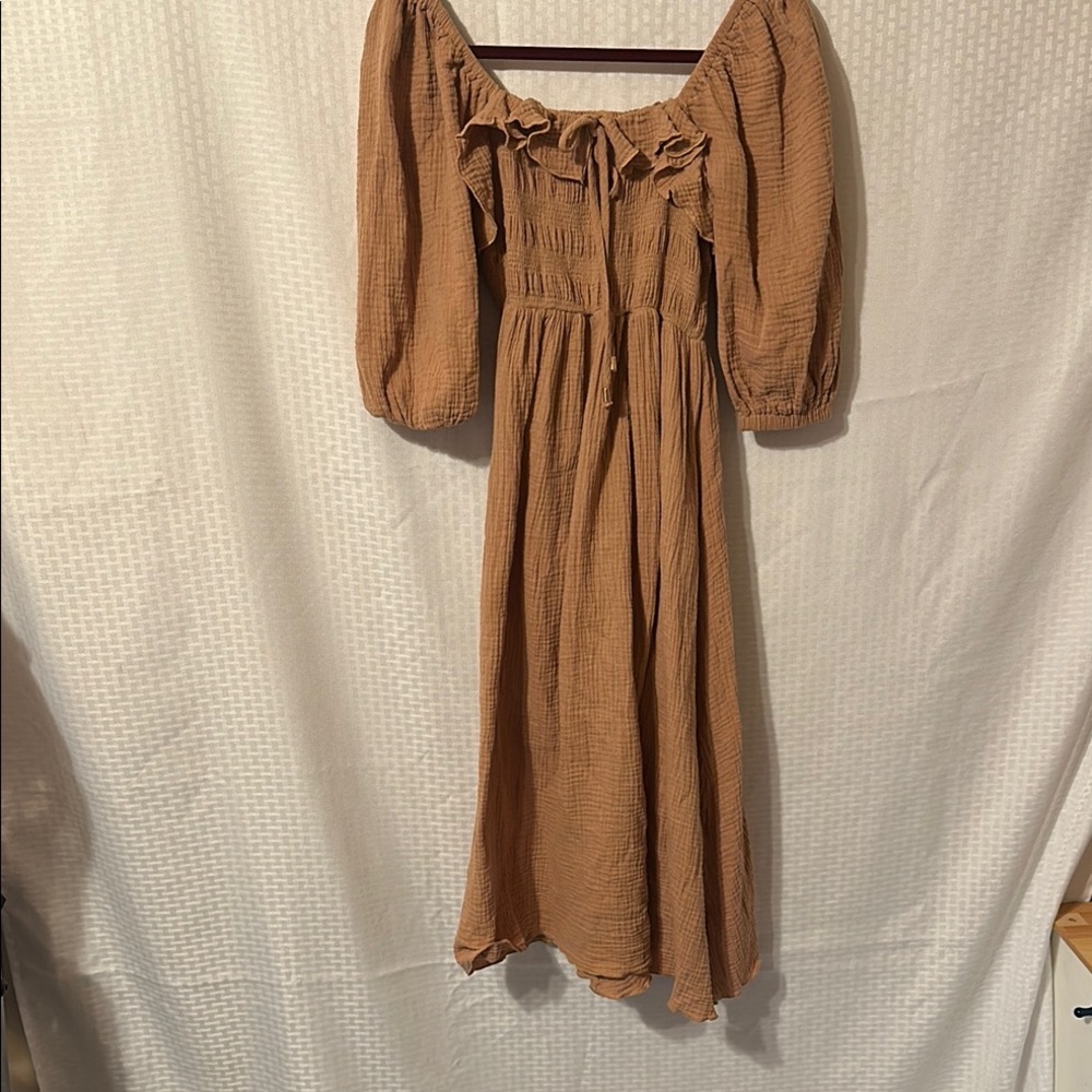 #426 Brown Puff Sleeve Off Shoulder Casual Sundress